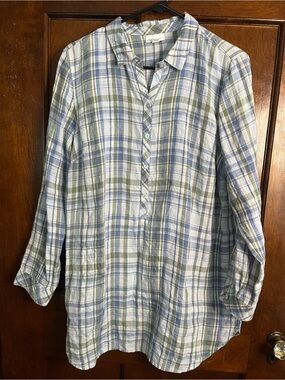 J Jill Love Linen 100% Linen Plaid Tunic With Pockets Medium Coastal